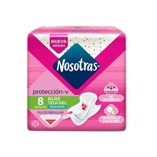 Toallitas Femeninas Nosotras Alas Tela Gel Flujo Regular X 8 Unidades